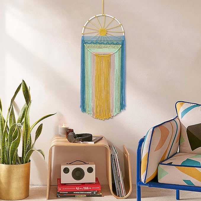 MEIVINES Macrame Wall Hanging,11.8x27.6 Inches Boho Sun Wall Art Decor,Woven Hanging Tapestry Tassels Handmade Colorful Tapestry for Bedroom Living Room Nursery Apartment