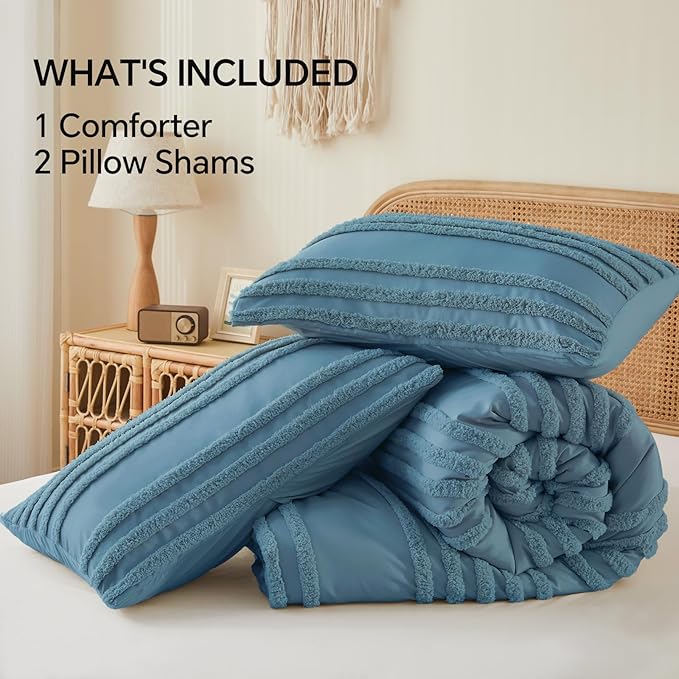 BEDELITE Boho King Size Comforter Set - Dusty Blue Tufted Striped Bed Set 3 Pieces, Soft Vintage Farmhouse Comforter for All Seasons, Boho Home Decor,Fluffy Jacquard Bedding with Pillow Sham