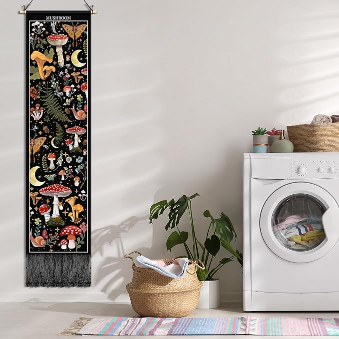 Tegeme Vintage Tapestry 52 x 13 Inch, Long Vertical Wall Hanging Reference Illustrative Botanical Tassel Tapestry for Bedroom Living Room Home Decoration(Mushroom)