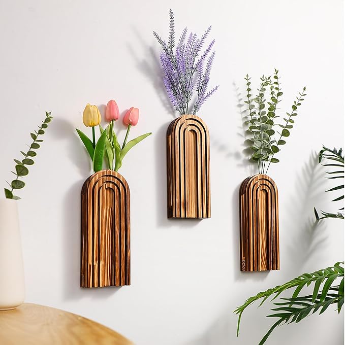 4 Pack Wall Planter Indoor Decor Plant Holders Boho Wood Hanging Vases for Modern Farmhouse Living Room Bedroom Rainbow Decor (Dark Brown)