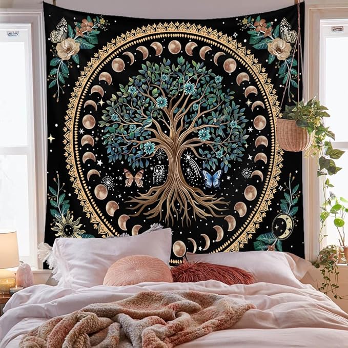 Jhdstore Moon Phase Tree of Life Tapestry Mandala Tapestry for Bedroom Aesthetic Celestial Decor Boho Spiritual Tapestries Wall Hanging Living Room Decor 36"x48"