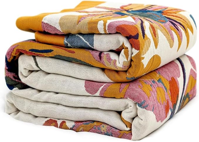 Boho Throw Blanket for Bed 90"x108", 100% Soft Cotton Bohemian Blankets with Rustic Floral Printed Decor, Spring Throw Blanket for Couch Cozy Breathable King Size All Season