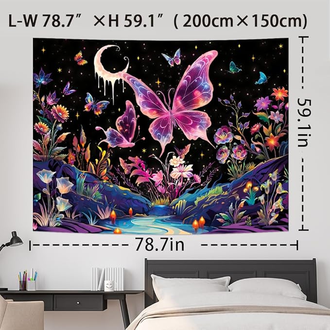 Yuiqear Blacklight Butterfly Tapestry UV Reactive Floral Plant Tapestries Trippy Nature Landscape Wall Tapestries Mysterious Starry Night Sky Tapestry Wall Hanging for Bedroom Decor