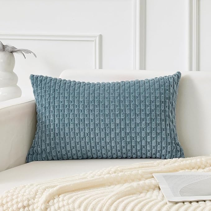 Kevin Textile 14x24 Inch Pillow Cover 1 Pack Boho Decorative Soft Striped Corduroy Lumbar Farmhouse Solid Color Accent Rectangle Cushion Case for Living Room Couch Sofa Bed, Blue Grey