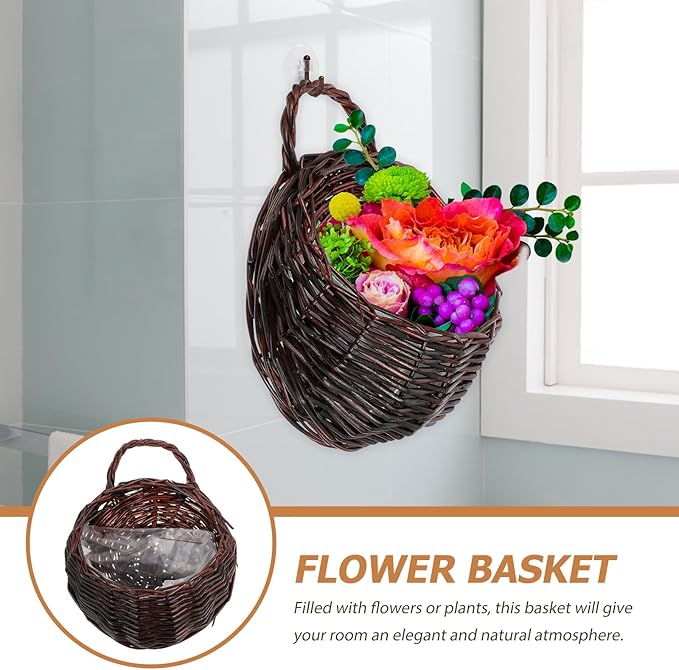DOITOOL 2Pcs Dark Brown Rattan Wicker Hanging Baskets for Wall 9.05X7.08X3.54 Inch Indoor Outdoor Planters for Flowers and Greenery Home Garden Decor