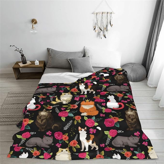 Cat Flower Throw Blanket Soft Flannel Blanket 60"x50" in Bed Blanket Home Decor for Room Sofa Couch All Season