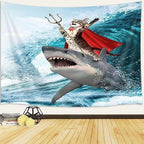 Viajar Cat Tapestry, Anime Animal Cat and Shark Wall Art, 90" x 70", Blue (Multi-color), Wave Pattern, Modern, Contemporary Style, Unframed, Waterproof, Bedroom Wall Decor