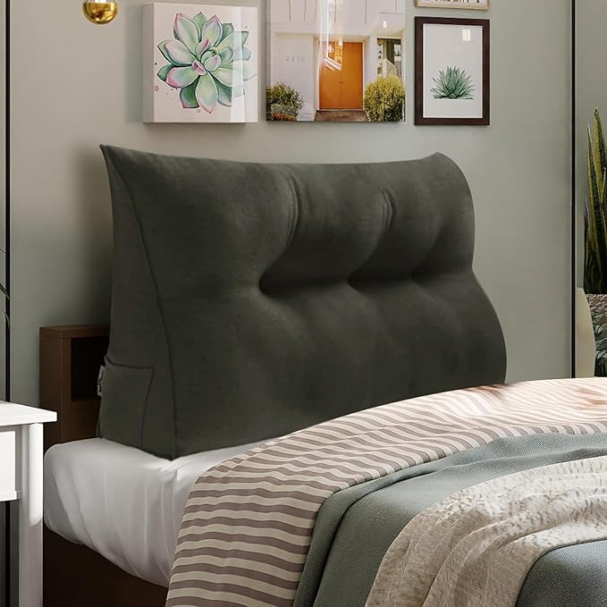 WOWMAX 80% Cotton & 20% Linen Blend Headboard Pillow – Twin Size Reading Wedge Backrest for Bed, Handmade Firm Support Bolster Cushion with Removable Cover, Premium Bed Rest Pillow, Deep Gray