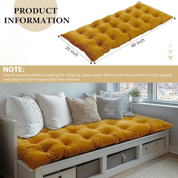 Bench Cushion for Indoor Furniture 40x20 in Velvet Thicken Indoor Window Seat Cushion, Piano Sofa, Entryway Storage, Bay Window Tufted Patio Porch Swing Bench Pad Memory Foam(Turmeric)