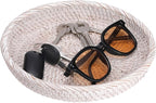 Hipiwe Round Key Bowl for Entryway, 9" Decorative Rattan Tray Woven Wicker Storage Holder Serving Basket Tray for Fruit Snacks Candy, Whitewash
