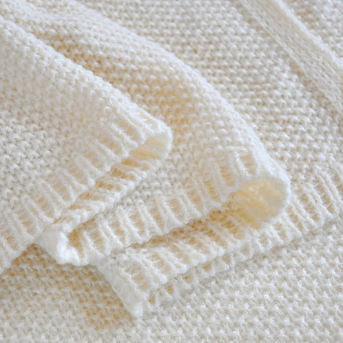 Knitted Full Size Throw Blanket - Lightweight Breathable Summer Soft Blanket of Polyester Imitation Cotton for Anti-Static,Luxury Throws for Bed, Couch and Sofa,Cream Cooling Throw Blanket