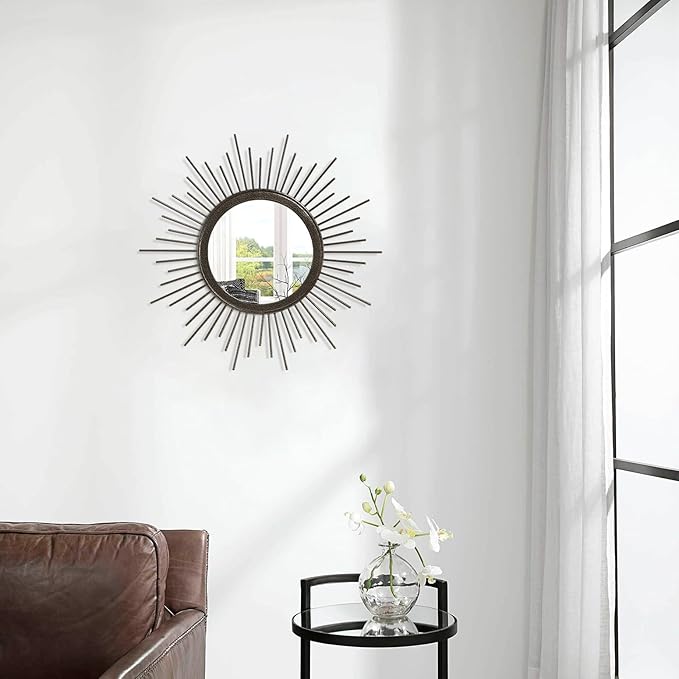 Large Spoked Sunburst Wall Mirror Boho Home Decor Round Wall Art Mirror Modern Metal Mirrors for Wall Living Room Vanity Bathroom Bedroom Hallway Balcony Entryway 16"