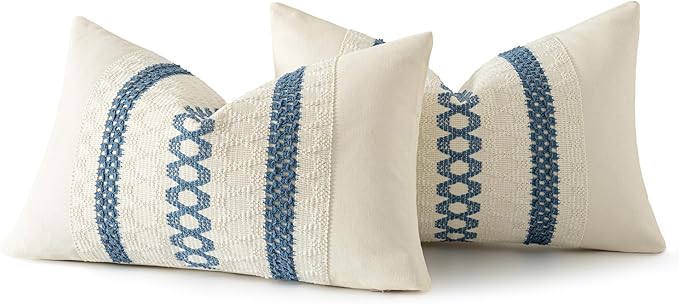MIULEE Set of 2 Coastal Blue Boho Decorative Lumbar Pillow Covers 12x20 Inch Farmhouse Rustic Couch Throw Pillows Modern Summer Cushion Covers Retro Cute Macrame Woven Spring Decor for Bed Sofa Chair
