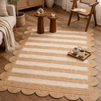 HOMEMONDE Scalloped Jute Area Rug 6'x9' Natural Stripe - Boho Home Décor Farmhouse Style Eco-Friendly Fiber Rug Hand Braided Rustic Vintage for Living Room, Bedroom, Dining Room, Hallway, Kitchen