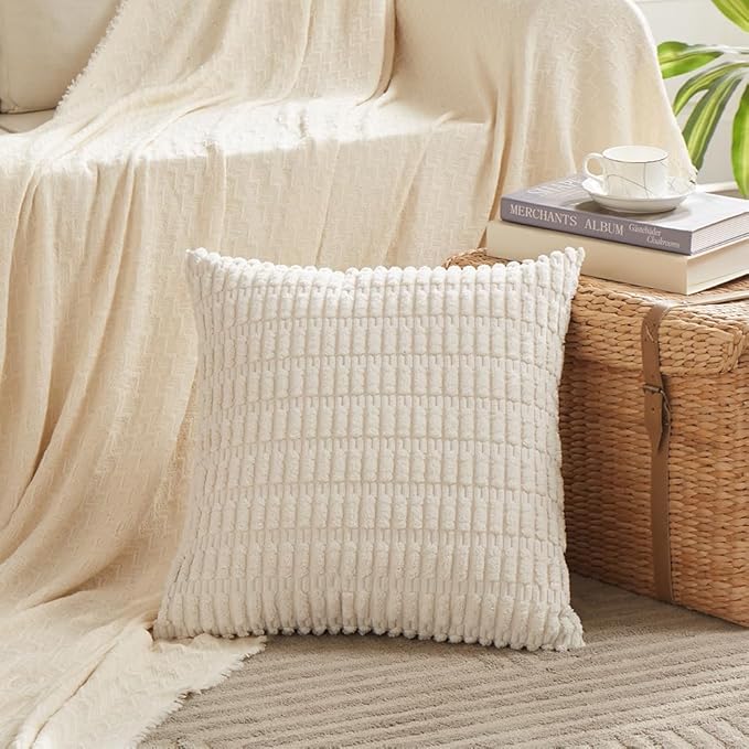 Fancy Homi 4 Packs Boho Fall Decorative Throw Pillow Covers 18x18 Inch for Living Room Couch Bed Sofa, Rustic Farmhouse Home Decor, Soft Plush Striped Corduroy Square Cushion Case 45x45 cm
