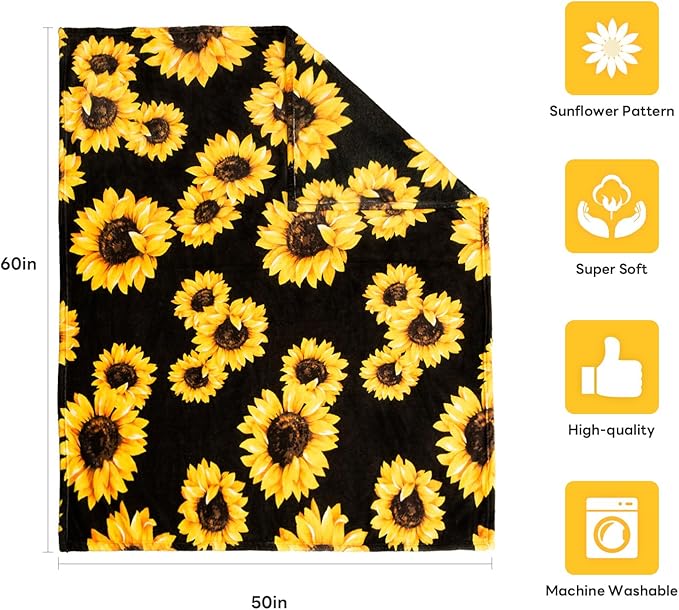 MACEVIA Sunflower Blankets Gifts for Women, Flannel Fleece Sunflower Gift, Floral Throw Blanket for Couch Bed Sofa, Soft Cozy Warm Lightweight Blankets for Travel Camping 260GSM (50"x60")