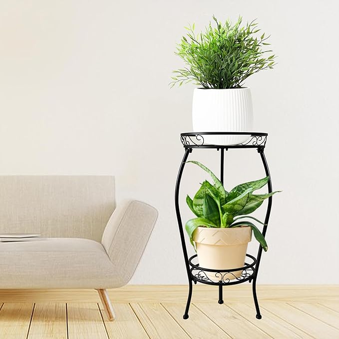 Metal Plant Stand 2 Tier Indoor Outdoor, 2 Pack Tall Flower Pot Shelf Rustproof Stable Heavy Duty Corner Stand, 28 inch Multiple Plant Display Rack for Living Room Patio Balcony Garden