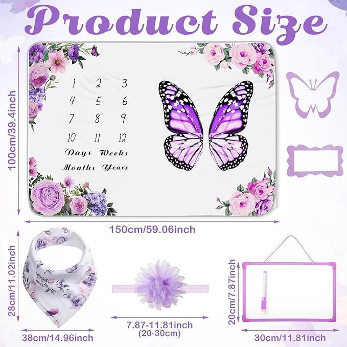 Chumia 6 Pcs Baby Monthly Milestone Blanket for Girl 60" x 40" Butterfly Milestone Blanket Age Photo Photography Backdrop with Newborn Calendar Growth Chart Bib Headband(Purple,Butterfly Pattern)