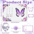 Chumia 6 Pcs Baby Monthly Milestone Blanket for Girl 60" x 40" Butterfly Milestone Blanket Age Photo Photography Backdrop with Newborn Calendar Growth Chart Bib Headband(Purple,Butterfly Pattern)