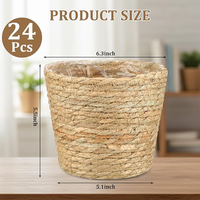 24 Pcs Seagrass Plant Basket with Plastic Liners Woven Stylish Planter Baskets Bulk Indoor Outdoor Plants Woven Wicker Baskets for Flower Pots Cover and Room Decor Small (Small,Rustic)