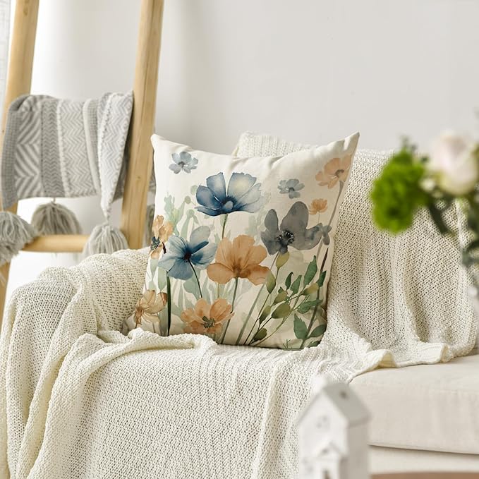 AVOIN colorlife Poppy Flowers Chinoiserie Spring Throw Pillow Cover, 18 x 18 Inch Light Brown Blue Seasonal Leaves Cushion Case Decoration for Sofa Couch Farmhouse