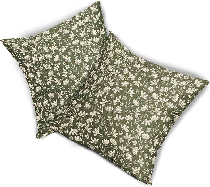 Olive Green Pillow Covers 20x20 Set of 2 Vintage Floral Rustic Old Style Cute Flower Print Decorative Outdoor Pillowcases Seasonal Farmhouse Throw Cushion Case Decor for Couch Sofa Bed