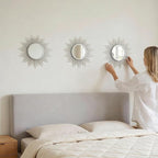 Boho Sunburst Wall Mirror Set of 3, 12 Inch Round Antique & Modern Metal Wall Art, Hanging Over The Door Mirrors for Wall Decor in Living Room, Bedroom, Bathroom, Entryway（Sliver）