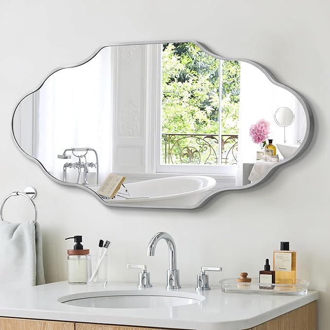 Scalloped Mirror for Bathroom - 26"x46" Silver Bathroom Mirror with Aviation Aluminum Alloy Frame & Shatter-Proof Glass for Living Room Bedroom Entryway, Brushed Silver Frame(x1)
