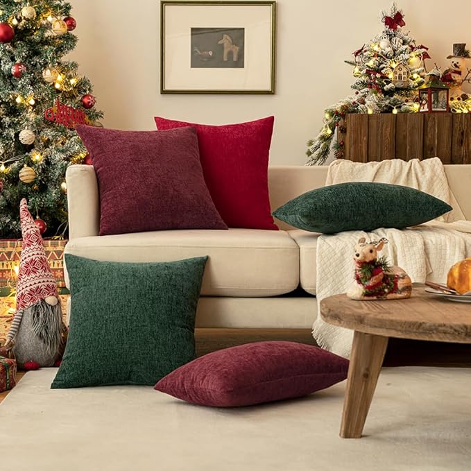MIULEE Pack of 2 Red Couch Throw Pillow Covers 16x16 Inch Soft Chenille Pillow Covers for Sofa Living Room Solid Dyed Pillow Cases
