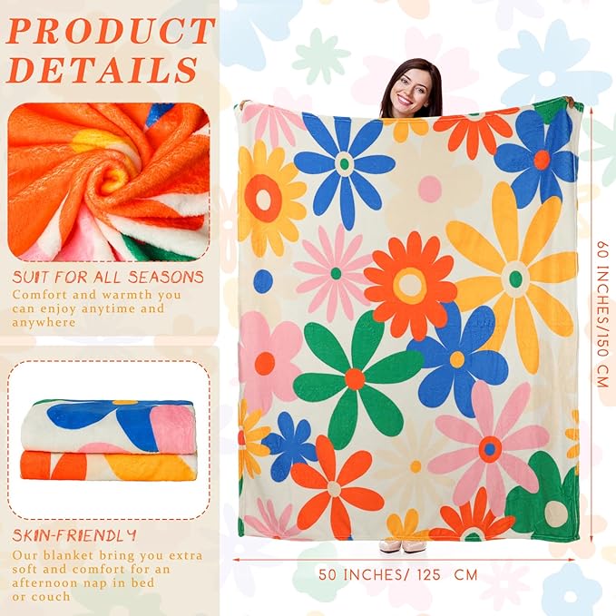 Frienda Vintage Flower Blanket Boho Colorful Throw Blanket Hippie Soft Blanket Preppy Decor Aesthetic Floral Flannel Throw Blanket for Sofa Couch Bed Chair or Dorm Supplies 50" x 60"