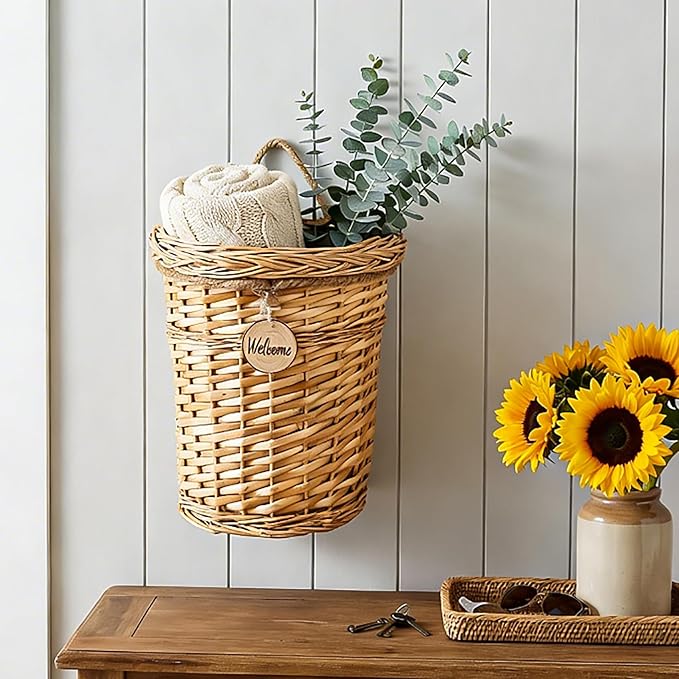 Hiceeden Wicker Hanging Wall Basket, Woven Front Door Flower Basket, Flat Hanging Storage Basket Wall Decor for Home, Garden, Pantry, Farmhouse