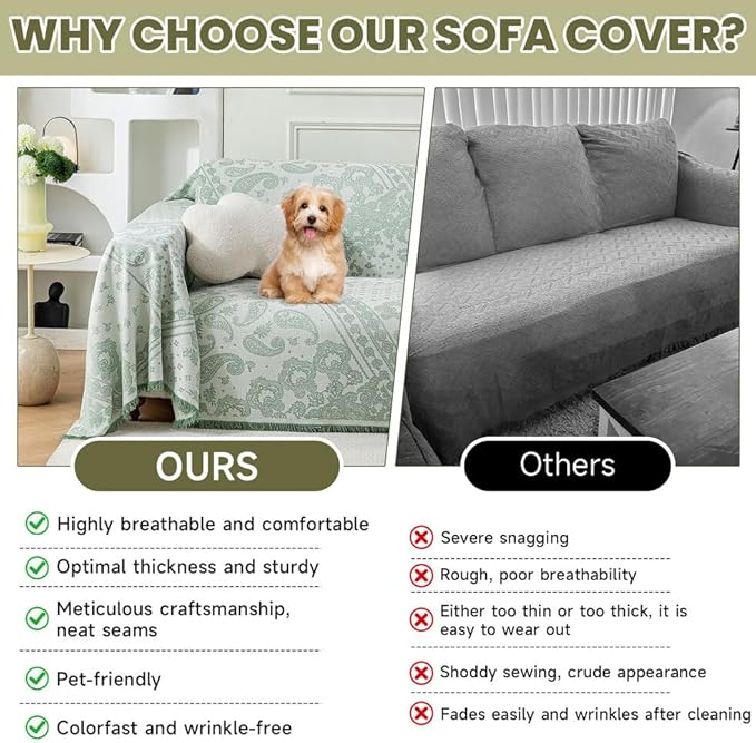 ROOMLIFE Green Couch Covers for Sofa, Sofa Covers Washable Non Slip Furniture Protector Couch Sofa Covers for 3 Cushion Couch, Breathable Sofa Slipcovers Couch Cover Blanket with Tassels 71" X 150"