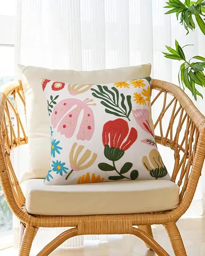 Embroidered Floral Boho Throw Pillow Cover 18x18 Inch - Decorative Cotton Pillow Case for Couch, Sofa, Bedroom, Living Room - Farmhouse Home Aesthetic Housewarming Gifts (Mixed Floral, 18" x 18")