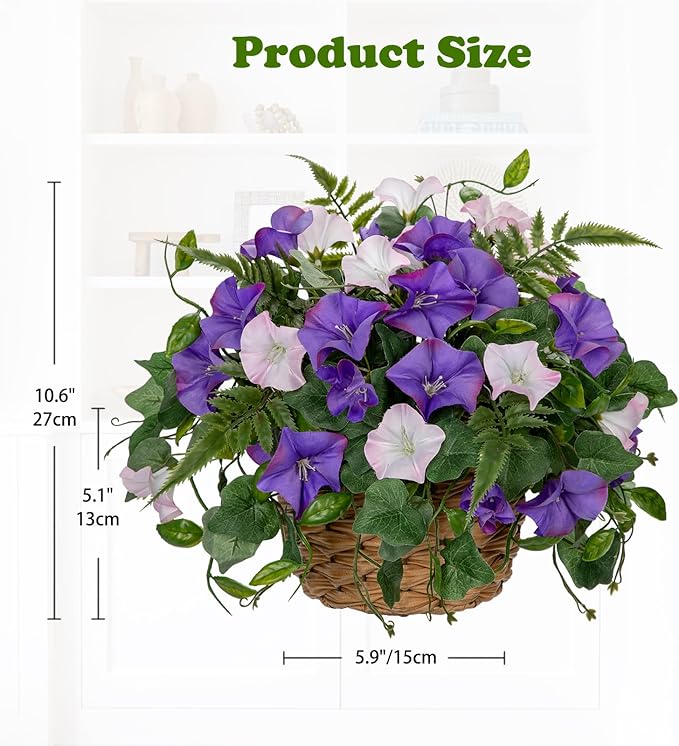 Briful Artificial Flower Arrangement with Rattan Basket Fake Potted Morning Glory Silk Flowers Faux Flower Table Centerpiece for Home Office Bathroom Wedding Farmhouse Decor(Pale Purple)