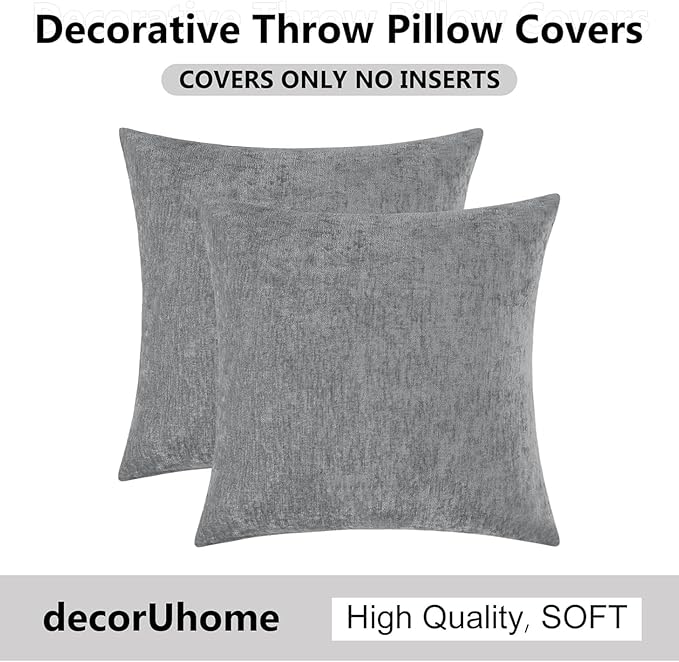 decorUhome Chenille Dark Grey Throw Pillow Covers 22x22 Inch Set of 2, Decorative Soft Couch Pillow Covers Solid Dyed Accent Velvet Farmhouse Neutral Square Pillow Cases for Sofa Bed Living Room