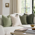 MIULEE Decorative Couch Pillow Covers Neutral Linen Fringe Throw Pillows Set of 4 Boho Farmhouse Soft Accent Cushions for Bed Sofa Living Room Spring Home Decor 20x20 Inch Beige/Sage Green