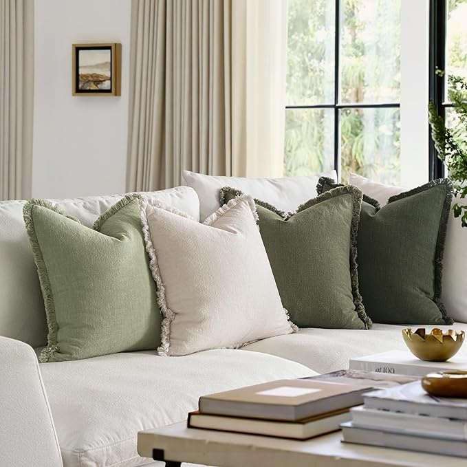 MIULEE Decorative Couch Pillow Covers Neutral Linen Fringe Throw Pillows Set of 4 Boho Farmhouse Accent Cushions for Bed Sofa Living Room Spring Home Decor 18x18 Inch Beige/Sage Green