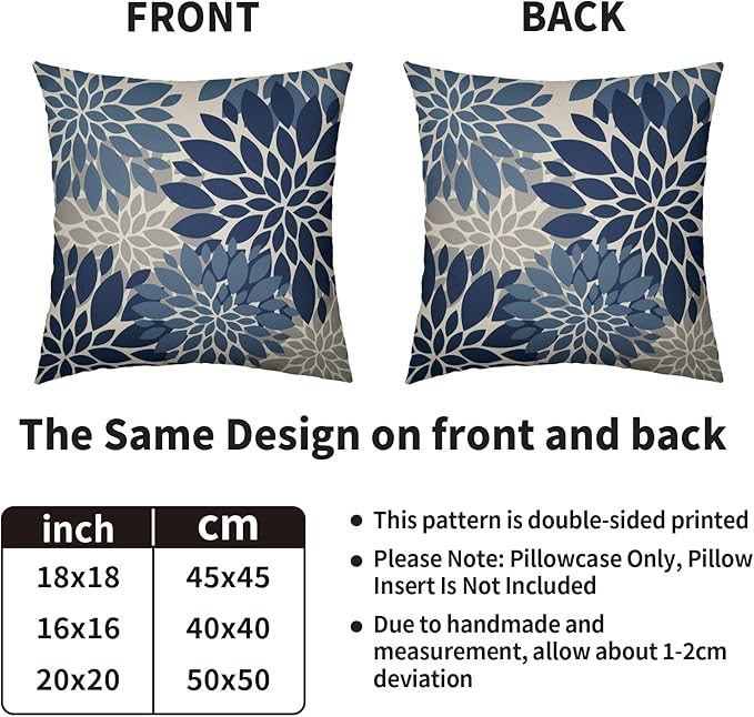 Dark Blue Grey Gray Pillow Covers 22X22 Inch Set of 2, Dahlia Flower Spring Summer Floral Cream Decorative Throw Pillow Covers Outdoor Modern Farmhouse Cushion Case for Home Couch Sofa Bed Decor