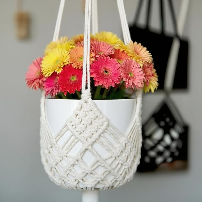 2 Pack Macrame Hanging Planters with Patterns - Stylish Plant Hangers Crochet Boho Plant Holder Hanging Plant Basket for Up to 6 Inch Pots(White)