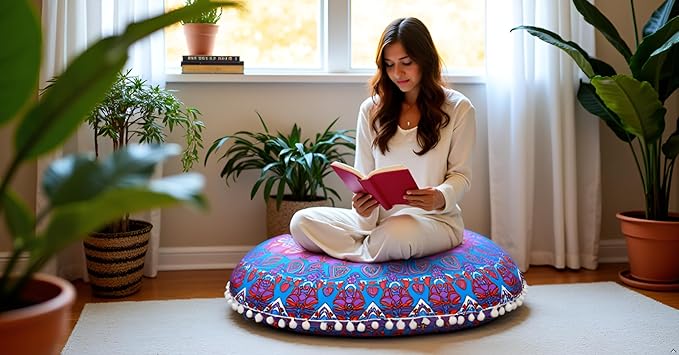 CRAFT KALA 22" Round Boho Floral Floor Pillow Cover, Purple, 22" Diameter, Cotton Fabric, Soft, Indoor Use, Washable