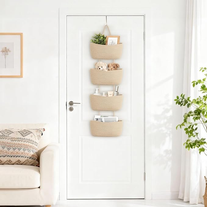 Dahey Over The Door Hanging Basket 4-Tier Woven Boho Wall Mounted Storage Organizer with Hooks for Bedroom Nursery Bathroom Apartments Dorm Pantry Decor, Jute