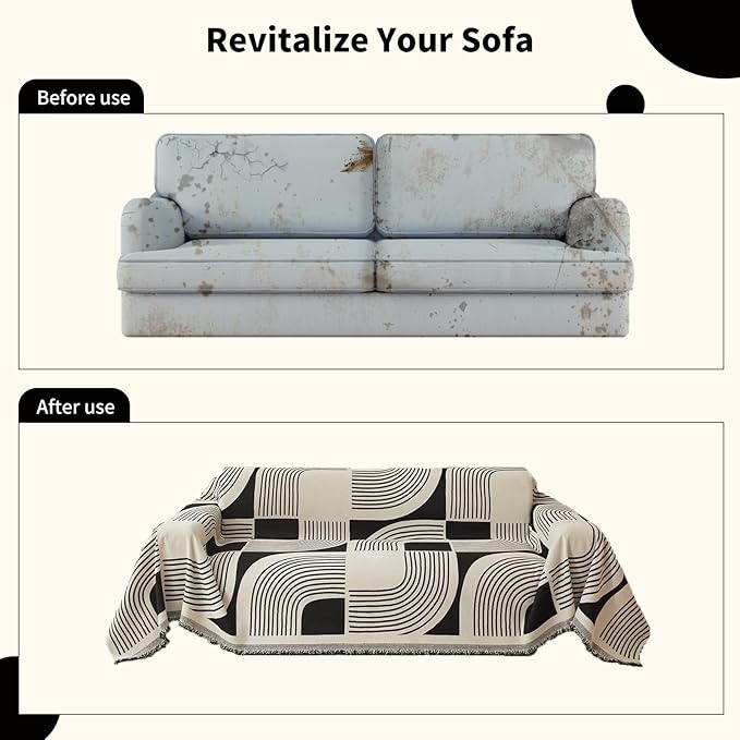 Boho Couch Cover Sofa Covers Washable, Chenille Couch Covers for 3 Cushion Couch Sofa Pet Friendly, Bohemian Sofa Slipcovers for Sectional Sofa, Loveseat, 2 3 4 Seater (71" x 118", Black)