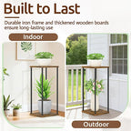2 Tier Plant Stand Indoor, Oppro 28In Tall Corner Vertical Wood Metal Shelf, Square Modern Black Large Planter Table Heavy Duty Flower Pot Holder Rack for Narrow House Living Room Floor Orchid, Rustic