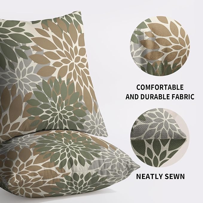 Brown Green Pillow Covers 18X18 Inch Set of 2, Spring Summer Floral Dahlia Flower Cream Decorative Throw Pillow Covers Outdoor Modern Farmhouse Cushion Case for Home Couch Sofa Bed Decor