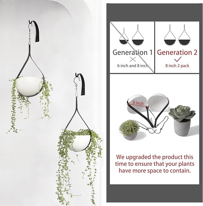 Hajia 2 Pack Waterdrop Shaped Hanging Planters, Black Iron Plant Hangers with Non-Detachable Pots, Modern Indoor/Outdoor Hanging Plant Holder