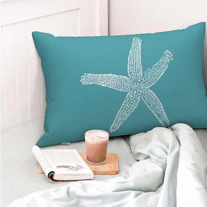 Coastal Pillow Covers 12x20 Set of 2 Aqua Teal Turquoise Coral Starfish Throw Pillows Nautical Ocean Decorations Summer Linen Beach Pillowcase Outdoor Decor Farmhouse Cushion Case for Couch