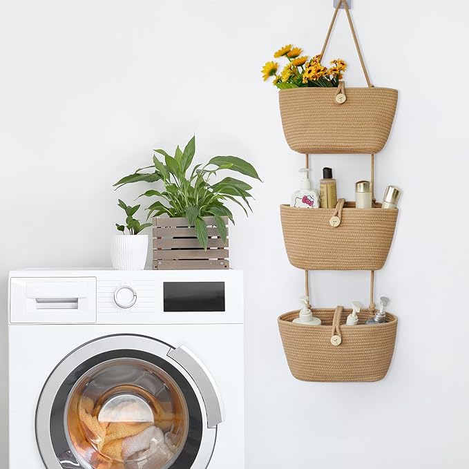 TeoKJ Over the Door Hanging Baskets with Wooden Button, 3-Tier Woven Cotton Storage Organizer Bag, Wall-Mounted with Hook Decorative Hanging Nursery Baskets, Jute