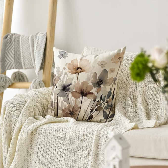 AVOIN colorlife Poppy Flowers Chinoiserie Fall Throw Pillow Cover, 18 x 18 Inch Seasonal Fall Leaves Cushion Case Decoration for Sofa Couch Farmhouse