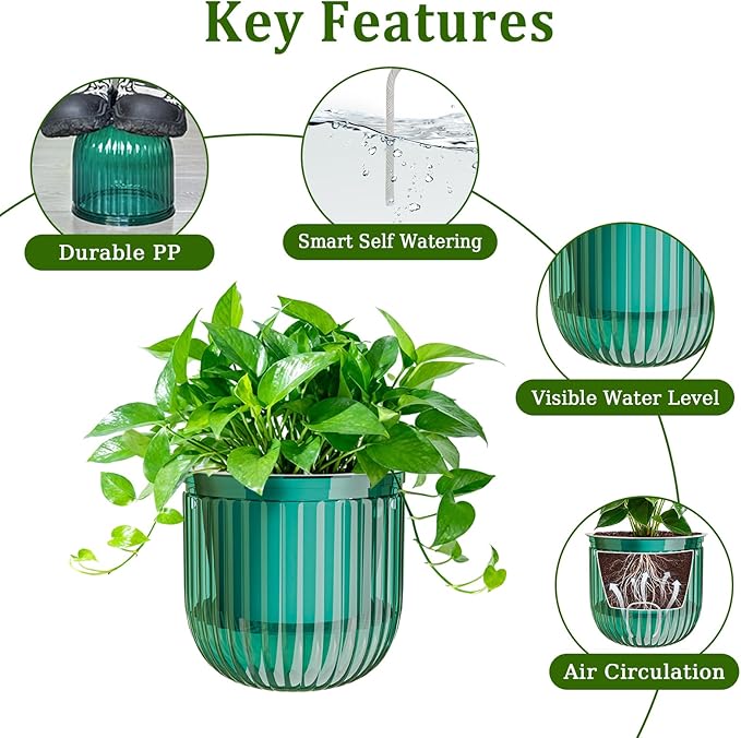 Halatool 2 Pack 6.5 Inch Self-Watering Hanging Planters for Plants, Indoor Hanging Flower Pots for Garden Home Wall Decor, Green