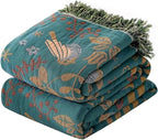 Boho Blanket for Bed 100% Cotton Bohemian Throw Blankets Ultra Soft Woven Muslin Decorative Blankets All Seasons Vintage Quilt Knitted Blanket for Sofa Chair(Blue, 80"x90")